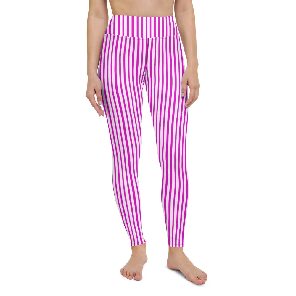 Pink White Striped Yoga Leggings, Pink Vertically Striped Women's Long Yoga Pants-Made in USA/EU