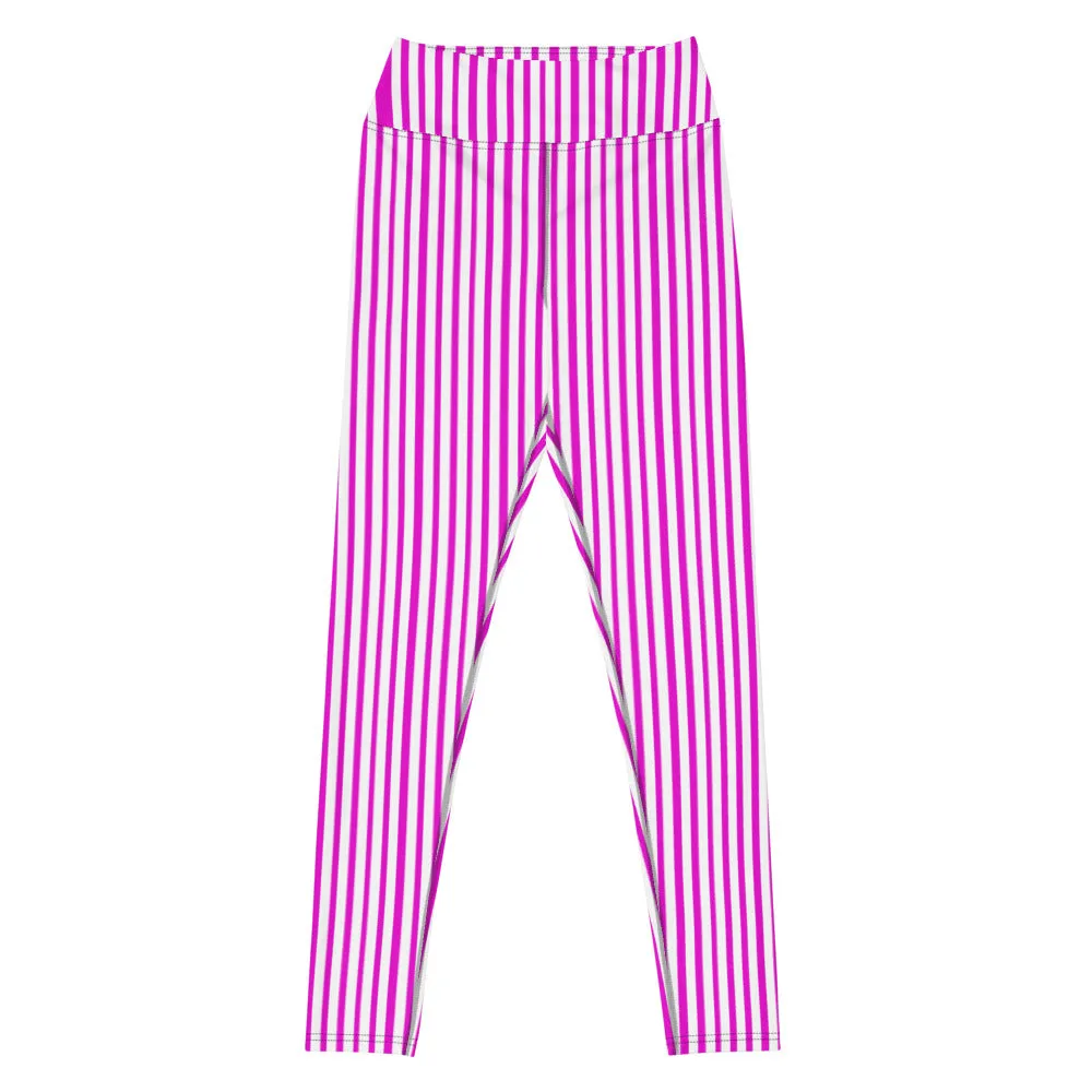 Pink White Striped Yoga Leggings, Pink Vertically Striped Women's Long Yoga Pants-Made in USA/EU