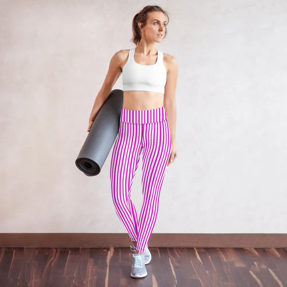 Pink White Striped Yoga Leggings, Pink Vertically Striped Women's Long Yoga Pants-Made in USA/EU