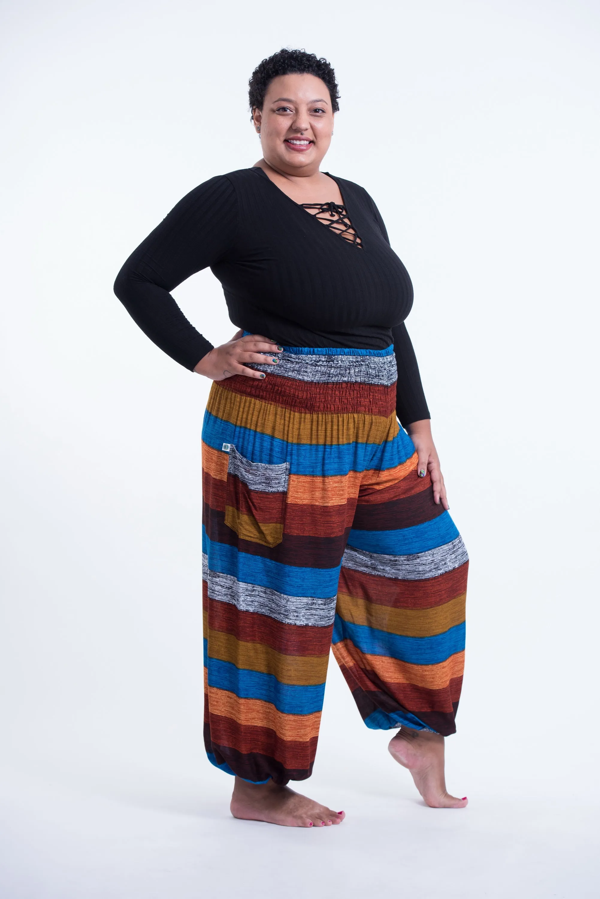 Plus Size Boho Rust Striped Unisex Harem Pants