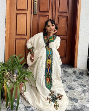 Radiant in Cream Traditional Ethiopian Dress: with Iconic Cultural Patterned Details Habesha Dress Simple Habesha Kemis