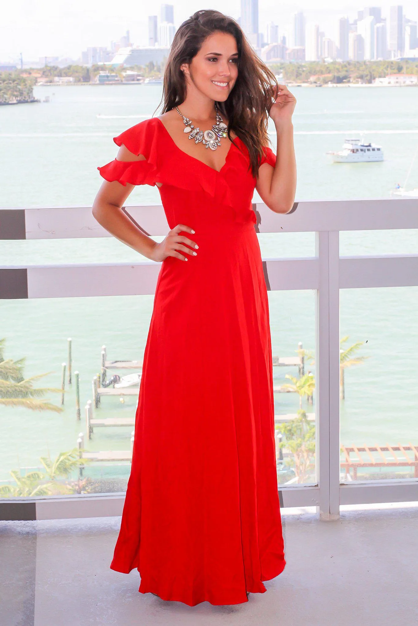 Red Wrap Dress with Ruffles