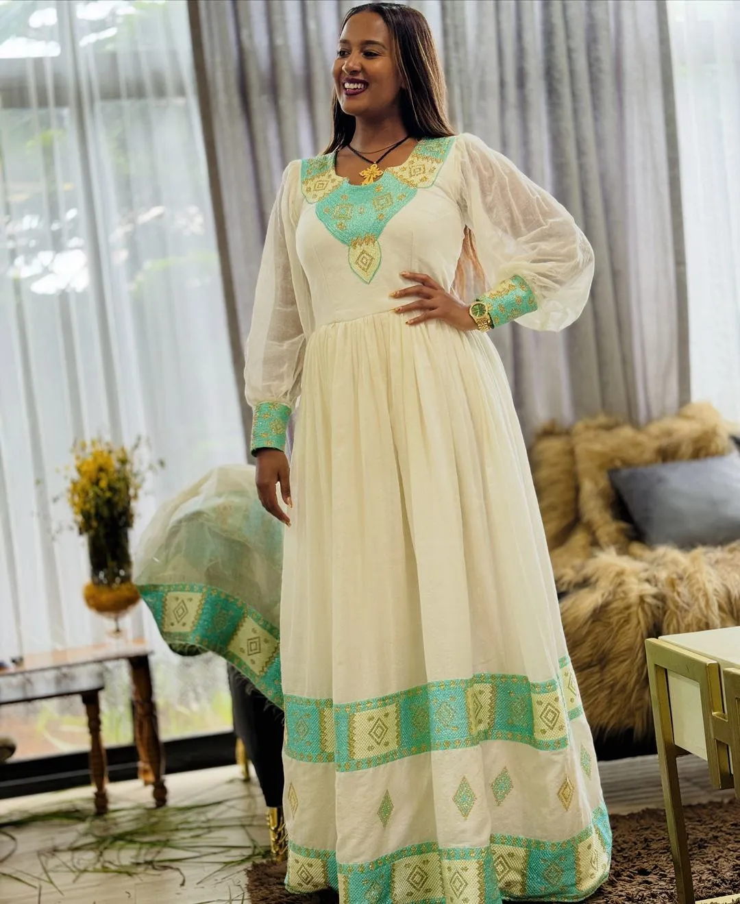 Refreshing Light Green Traditional Ethiopian Dress: with Yellow Golden Geometric Adornments Habesha Dress Elegant Habesha Kemis