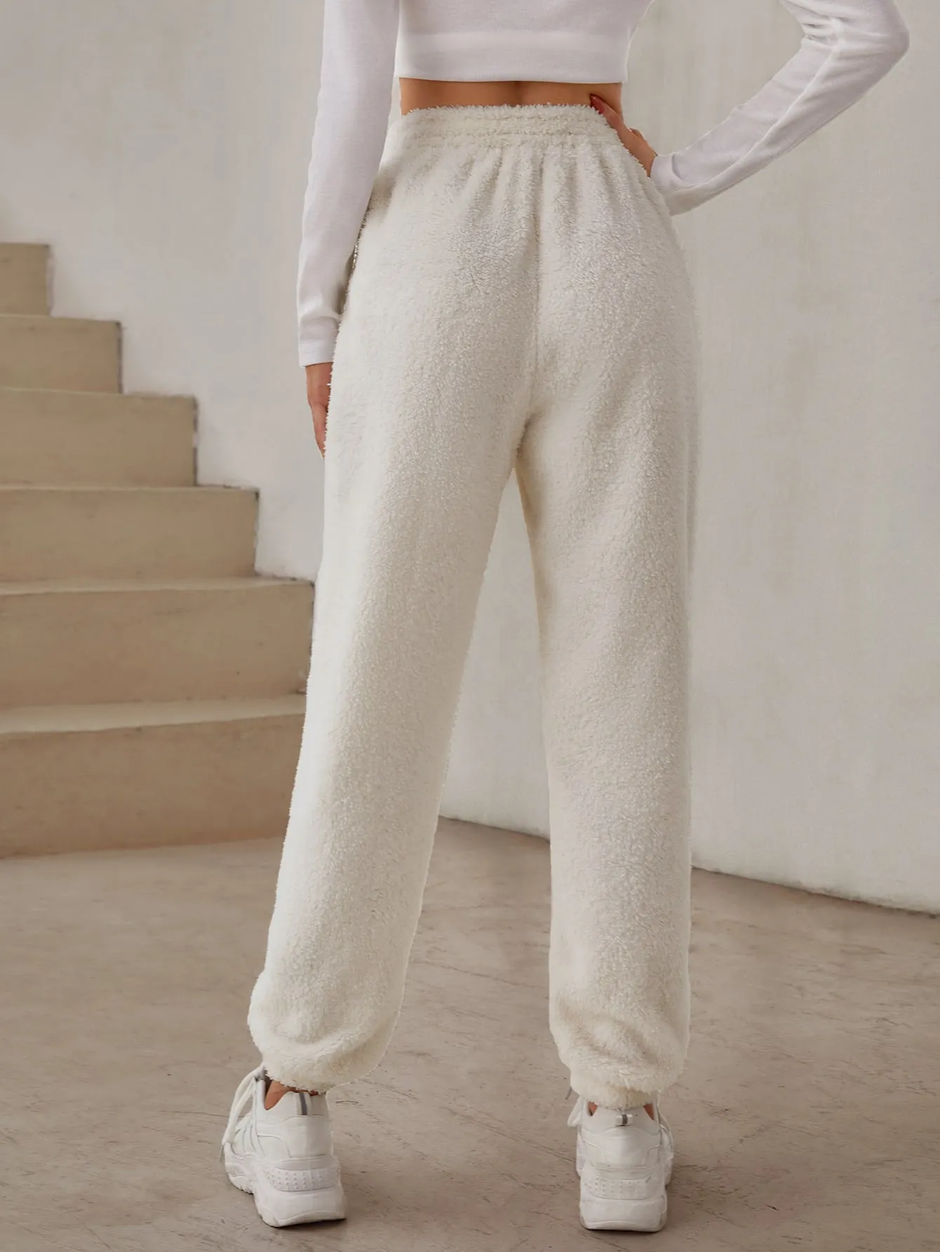 SHEIN EZwear Elastic Waist Solid Teddy Pants