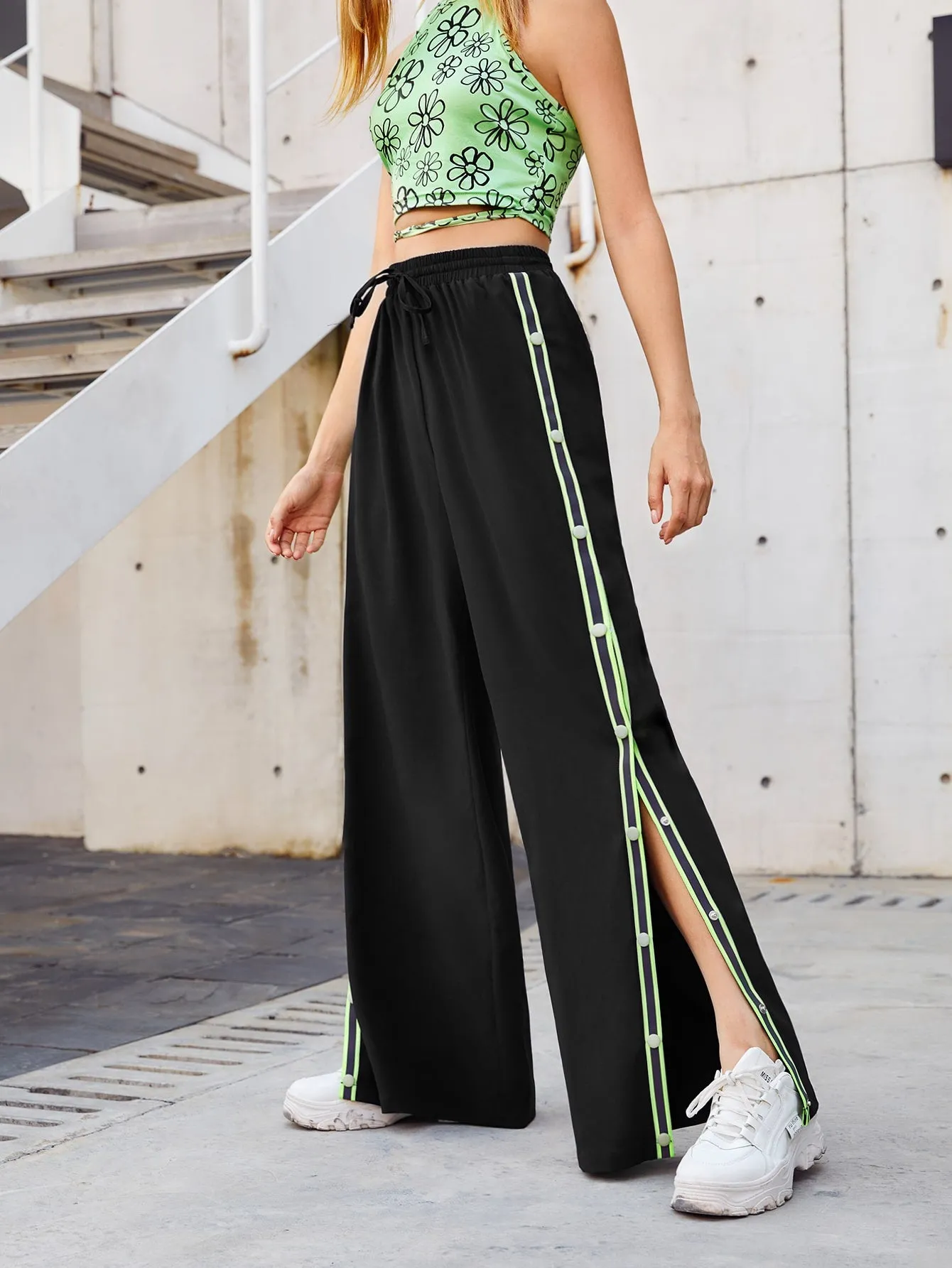 Sporty Striped Side Stripe High Waist Long Women Pants