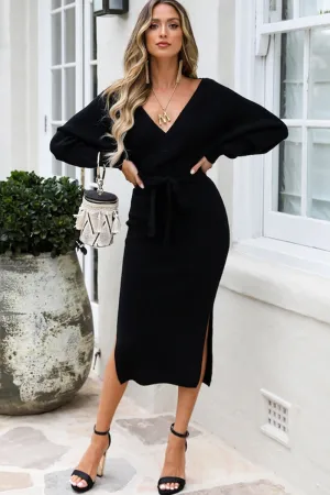 Surplice Neck Bow Waist Sweater Dress