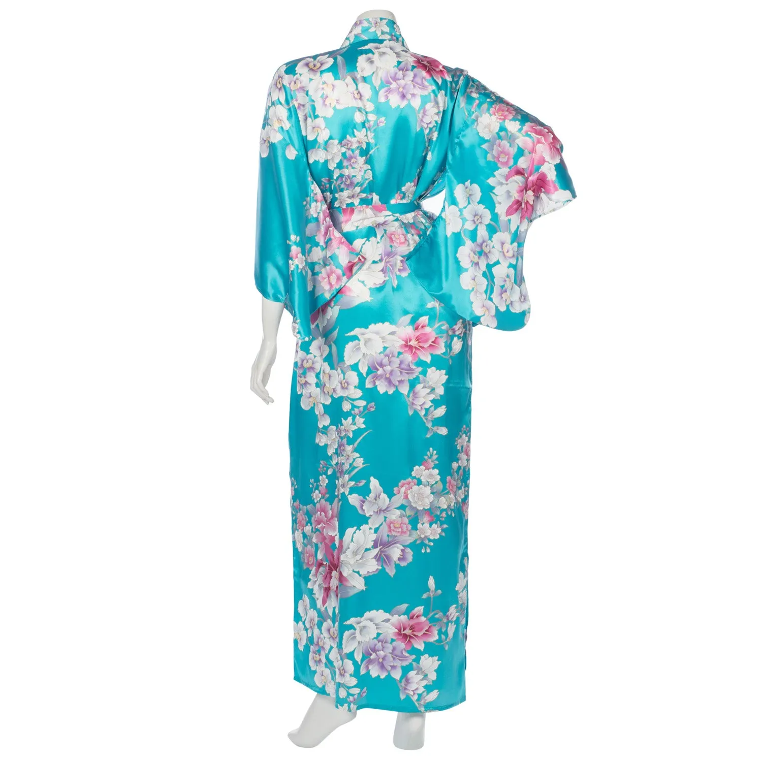 Turquoise Floral Long Silk Japanese Kimono