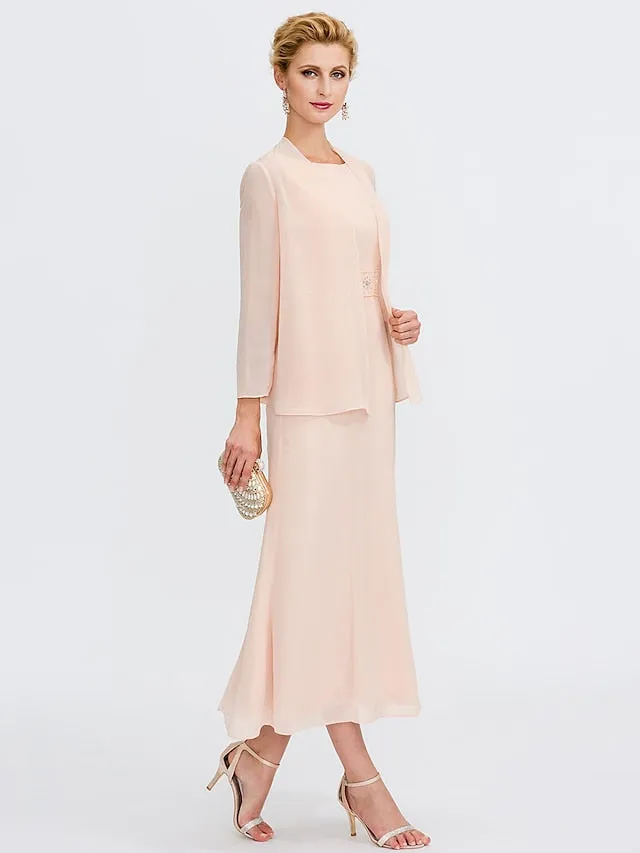 Two Piece Sheath / Column Mother of the Bride Dress Plus Size Elegant Jewel Neck Tea Length Chiffon Sleeveless Wrap Included with Sash / Ribbon Pleats Beading 2023