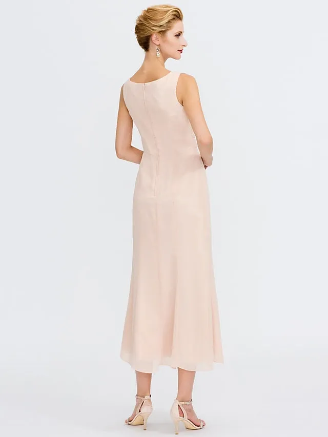 Two Piece Sheath / Column Mother of the Bride Dress Plus Size Elegant Jewel Neck Tea Length Chiffon Sleeveless Wrap Included with Sash / Ribbon Pleats Beading 2023