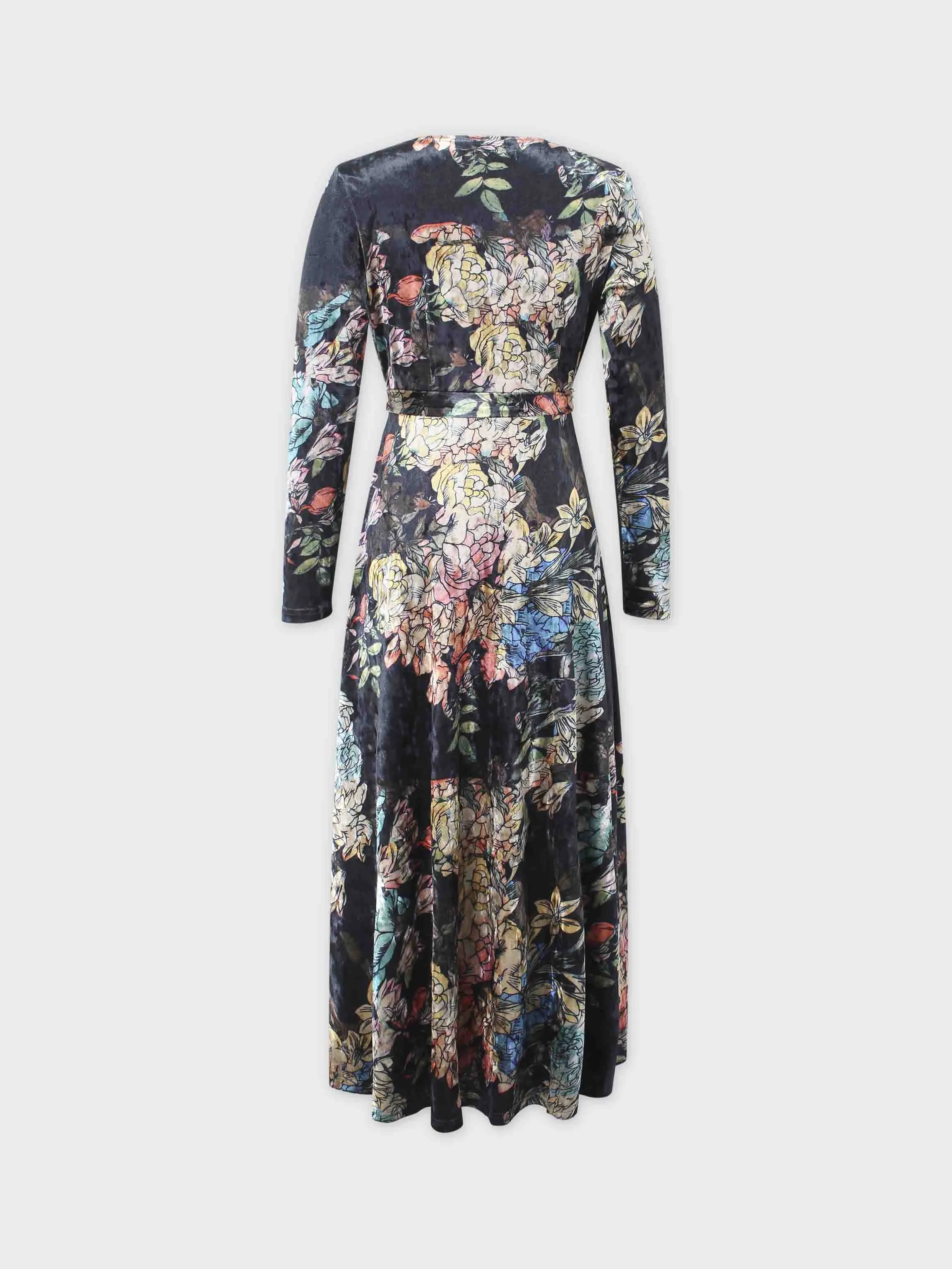 Velvet Wrap Dress-Floral Print