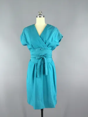 Vintage 1950s Day Dress / Blue Silk