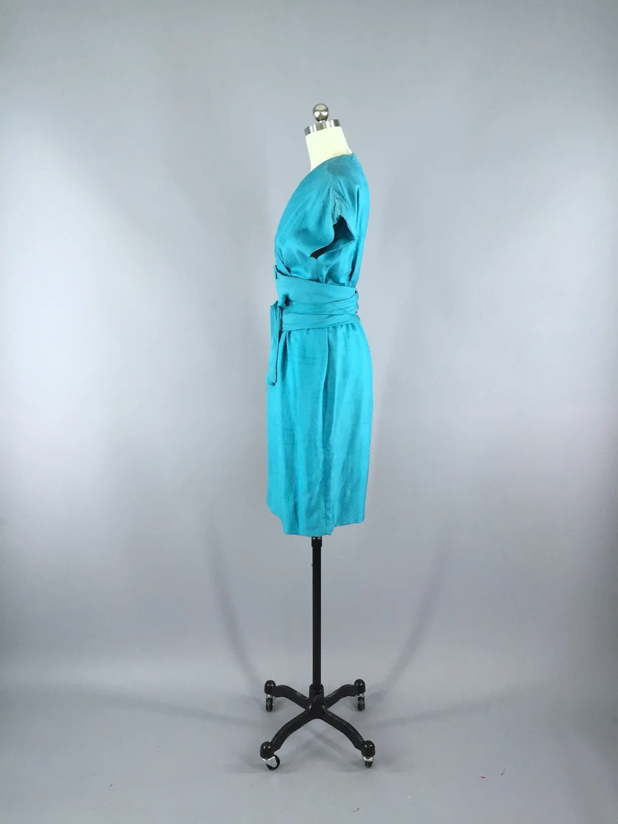 Vintage 1950s Day Dress / Blue Silk