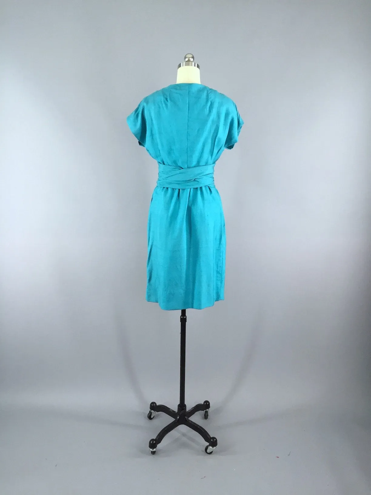 Vintage 1950s Day Dress / Blue Silk