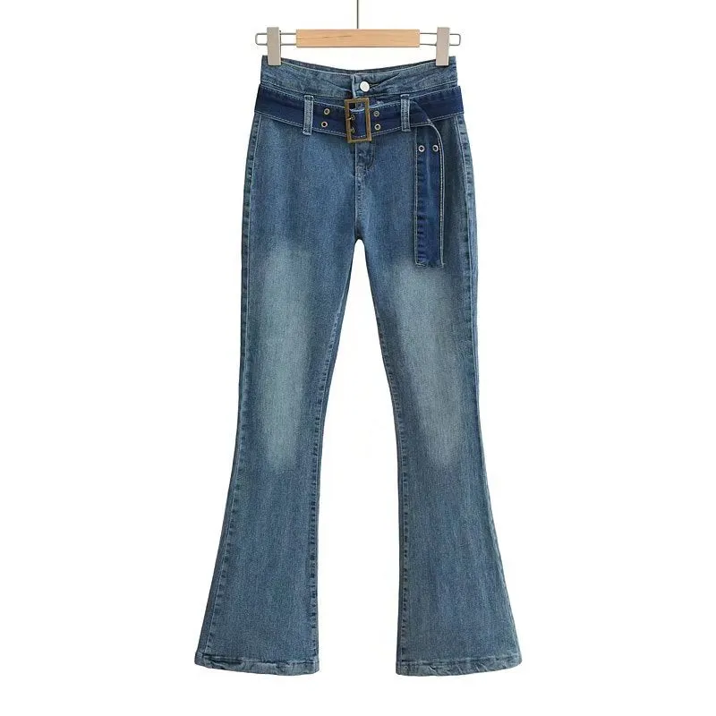 Vintage Elegant High Waist Jeans Belted Flare Denim Pants