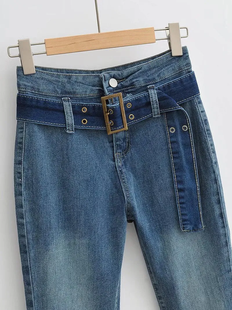 Vintage Elegant High Waist Jeans Belted Flare Denim Pants