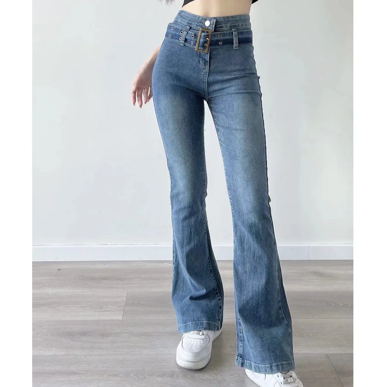 Vintage Elegant High Waist Jeans Belted Flare Denim Pants