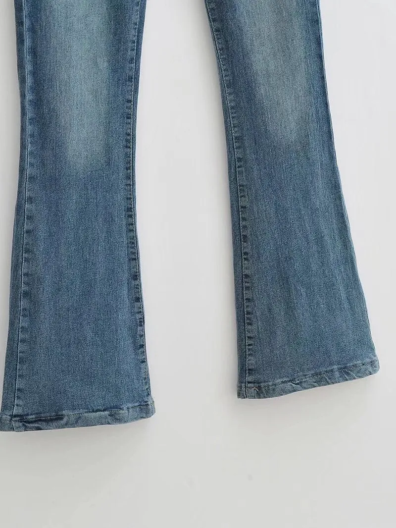 Vintage Elegant High Waist Jeans Belted Flare Denim Pants