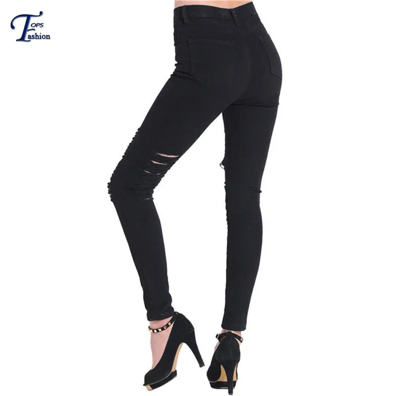 Women Jeans 2016 Brand Casual High Street Summer Fashion High Waist Ripped Slim Knee Hole Pencil Denim Pants