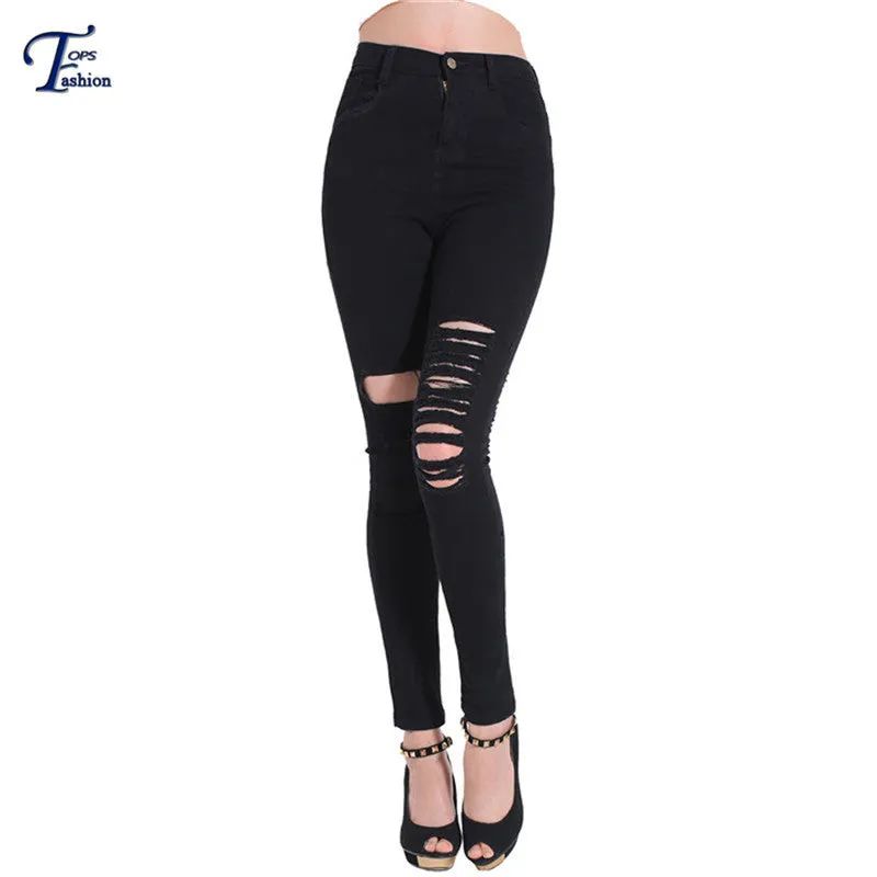 Women Jeans 2016 Brand Casual High Street Summer Fashion High Waist Ripped Slim Knee Hole Pencil Denim Pants