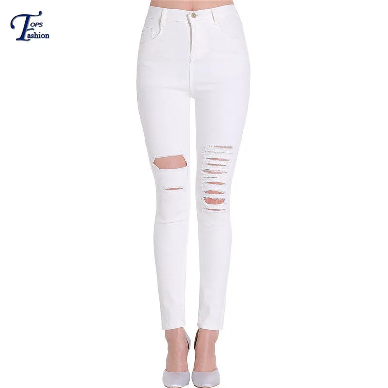 Women Jeans 2016 Brand Casual High Street Summer Fashion High Waist Ripped Slim Knee Hole Pencil Denim Pants