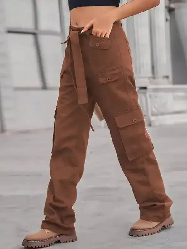 Women’s Color Belted High Waist Utility Cargo Pants