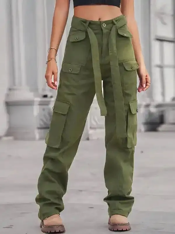 Women’s Color Belted High Waist Utility Cargo Pants