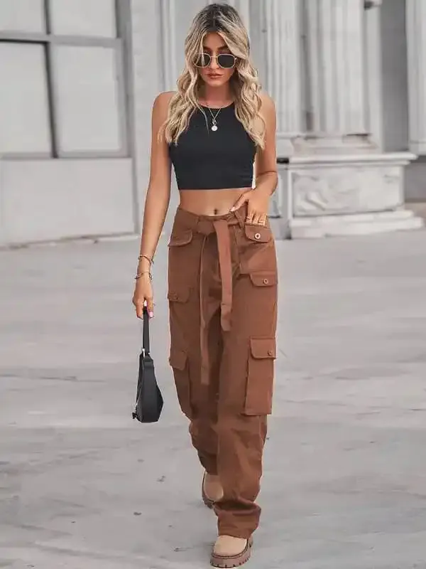 Women’s Color Belted High Waist Utility Cargo Pants