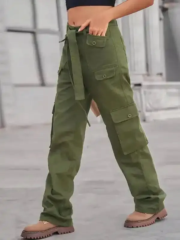 Women’s Color Belted High Waist Utility Cargo Pants