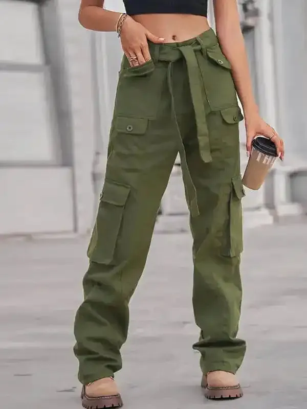 Women’s Color Belted High Waist Utility Cargo Pants