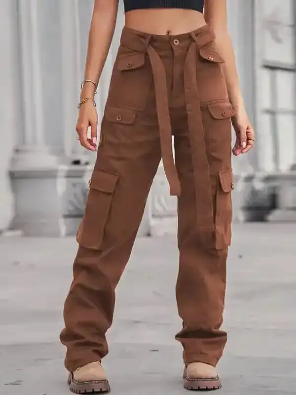 Women’s Color Belted High Waist Utility Cargo Pants