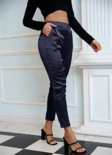 Women's Satin Silky Pants Dress Casual Pull on High Waist Pants with Pockets X-Large