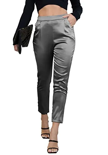 Women's Satin Silky Pants Dress Casual Pull on High Waist Pants with Pockets X-Large