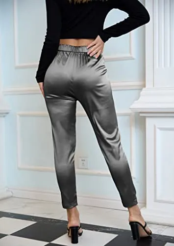 Women's Satin Silky Pants Dress Casual Pull on High Waist Pants with Pockets X-Large