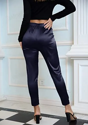 Women's Satin Silky Pants Dress Casual Pull on High Waist Pants with Pockets X-Large