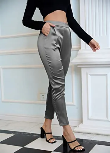 Women's Satin Silky Pants Dress Casual Pull on High Waist Pants with Pockets X-Large