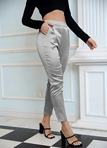 Women's Satin Silky Pants Dress Casual Pull on High Waist Pants with Pockets X-Large