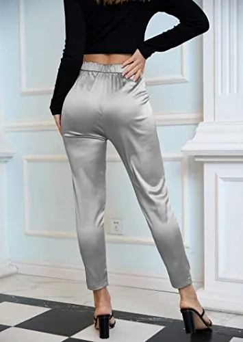 Women's Satin Silky Pants Dress Casual Pull on High Waist Pants with Pockets X-Large