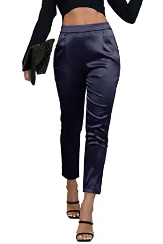 Women's Satin Silky Pants Dress Casual Pull on High Waist Pants with Pockets X-Large