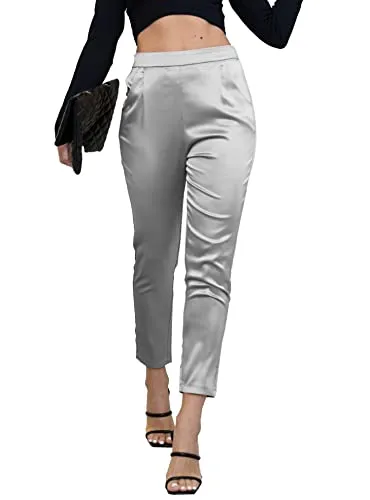 Women's Satin Silky Pants Dress Casual Pull on High Waist Pants with Pockets X-Large