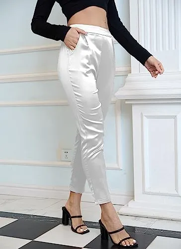 Women's Satin Silky Pants Dress Casual Pull on High Waist Pants with Pockets X-Large