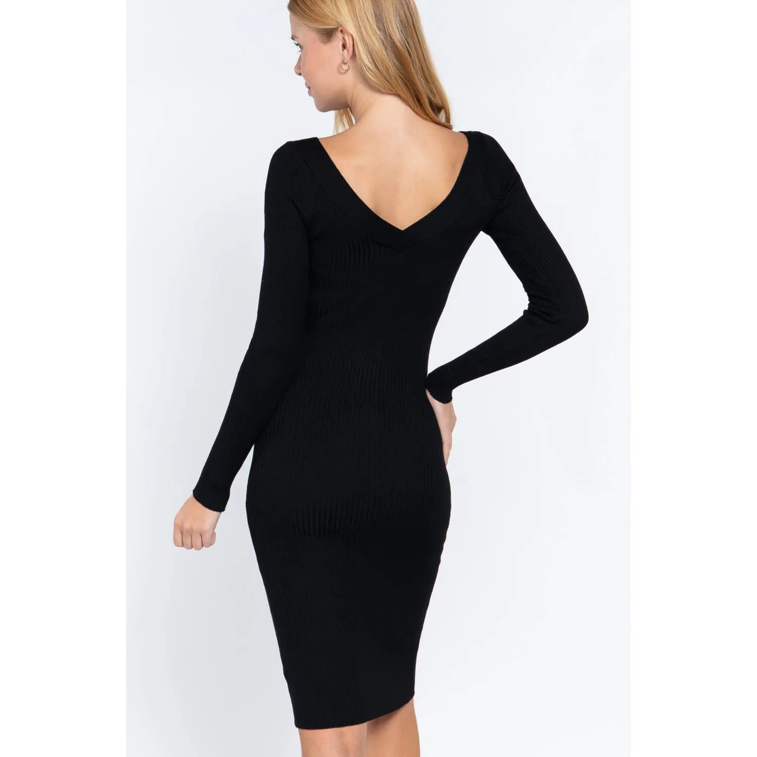 Women's V-Neck Twist Detail Midi Sweater Dress