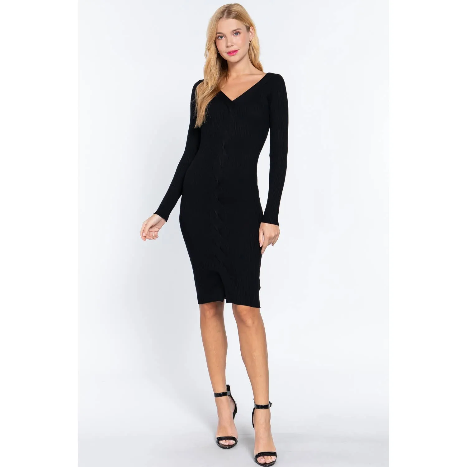 Women's V-Neck Twist Detail Midi Sweater Dress