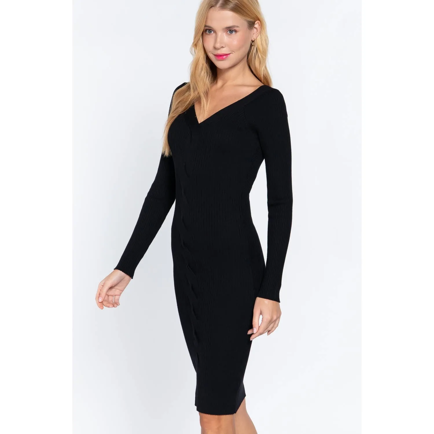 Women's V-Neck Twist Detail Midi Sweater Dress