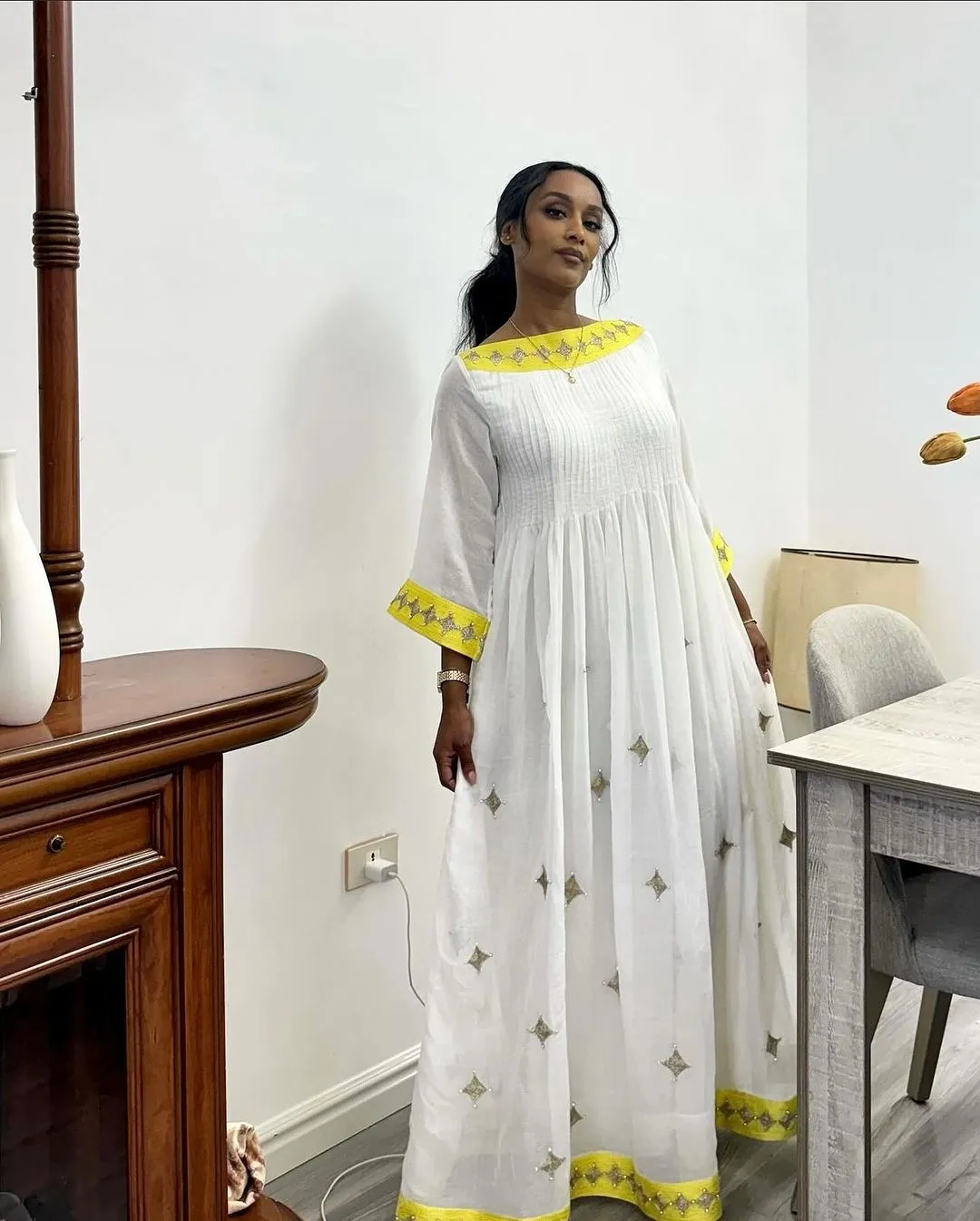 Yellow Simple Designed Habesha Dress: Diamond Shaped Silver Detailing Traditional Ethiopian Dress Flowy Habesha Kemis