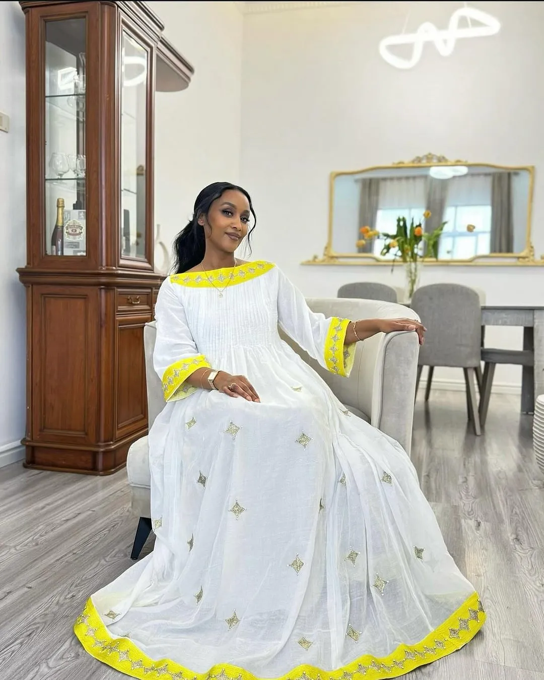 Yellow Simple Designed Habesha Dress: Diamond Shaped Silver Detailing Traditional Ethiopian Dress Flowy Habesha Kemis