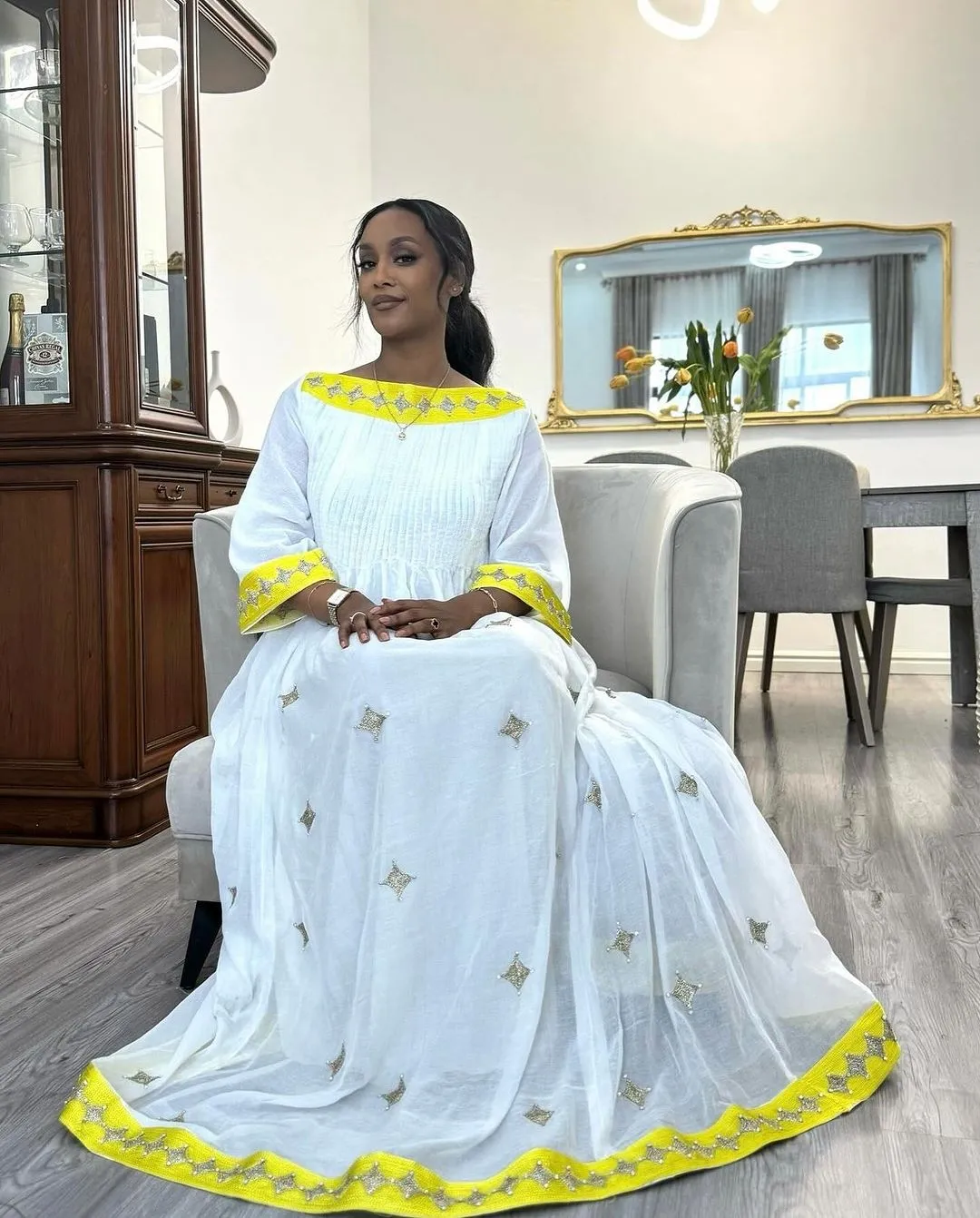 Yellow Simple Designed Habesha Dress: Diamond Shaped Silver Detailing Traditional Ethiopian Dress Flowy Habesha Kemis